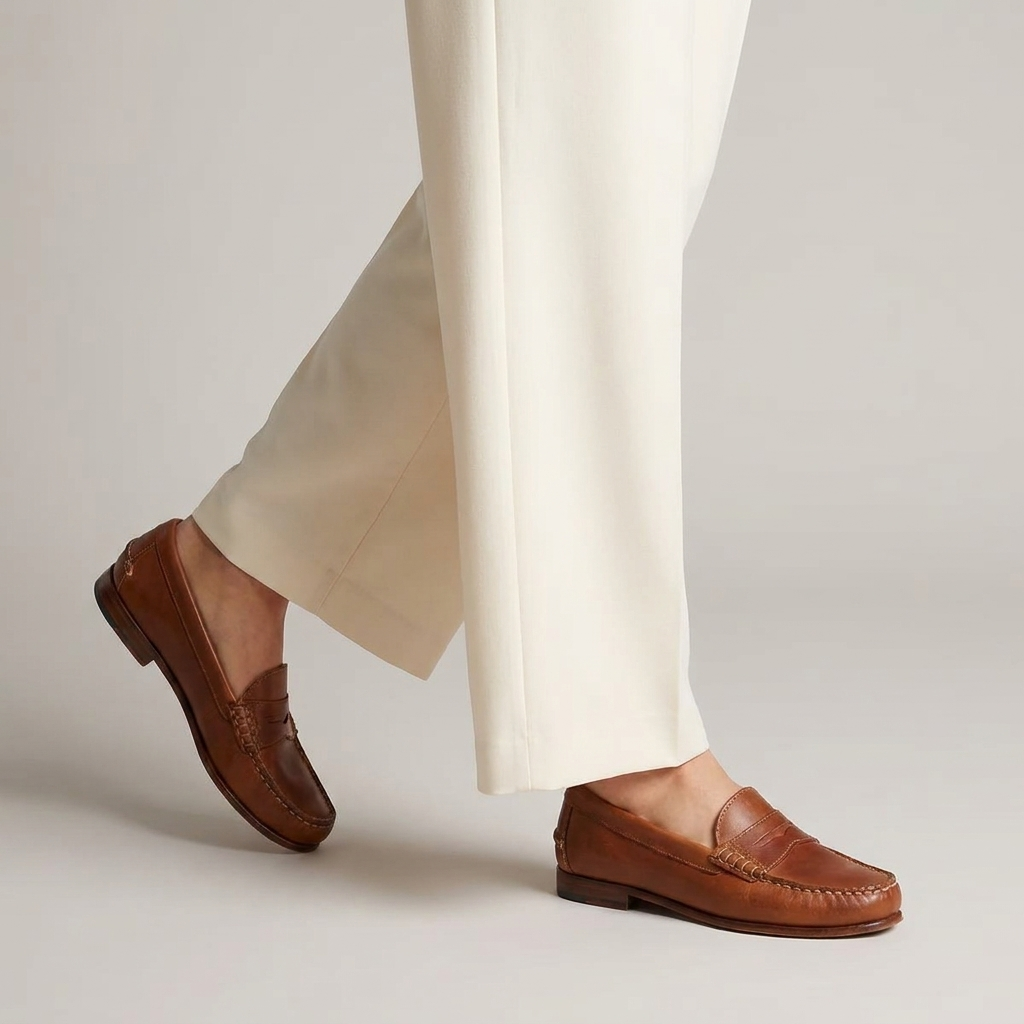 Mirelle loafers worn mid stride in studio