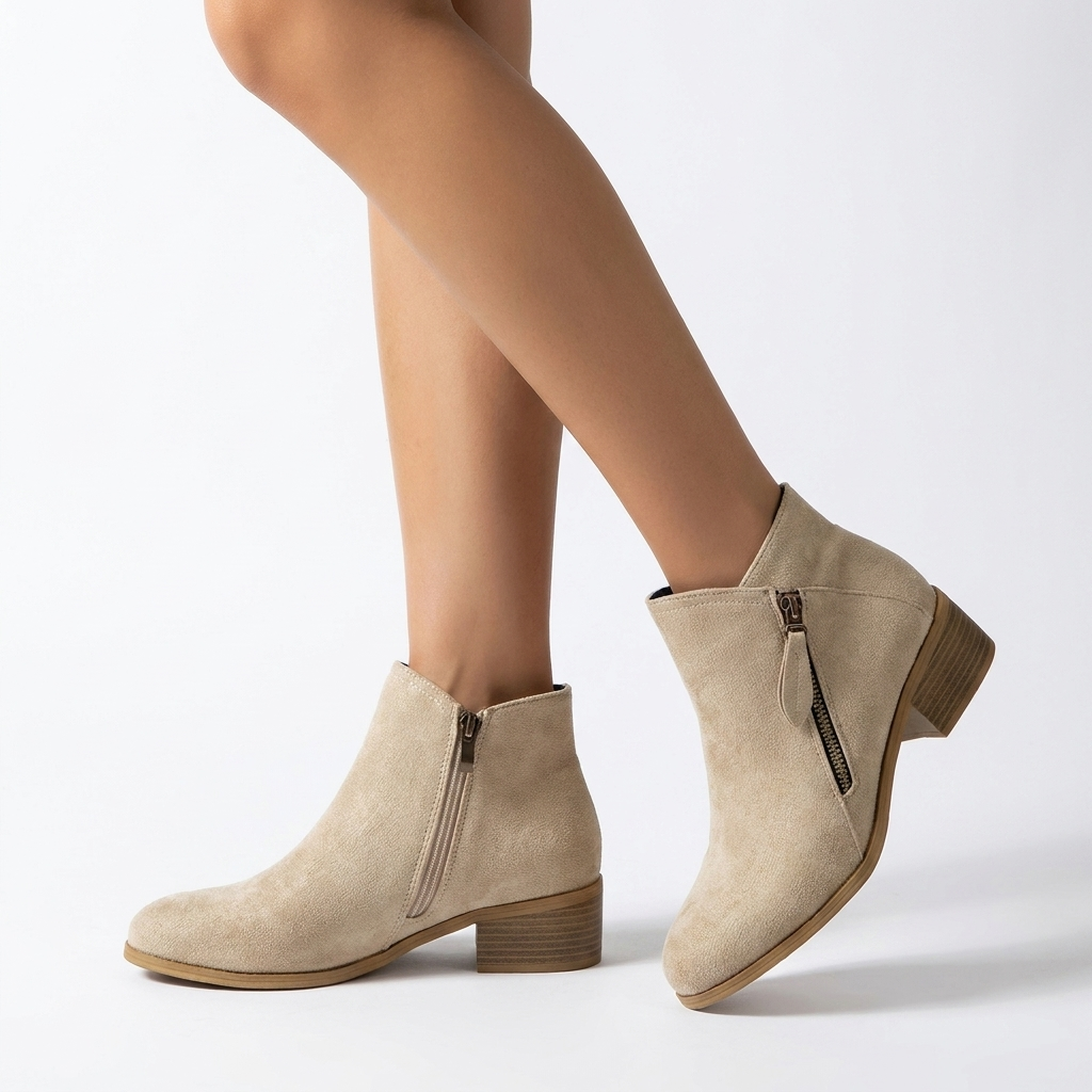 Elara boots worn in white studio