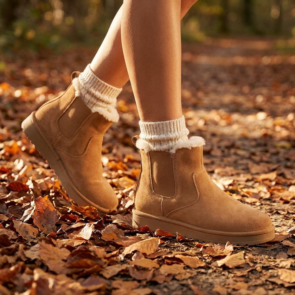 Naveeria boots on an autumn footpath